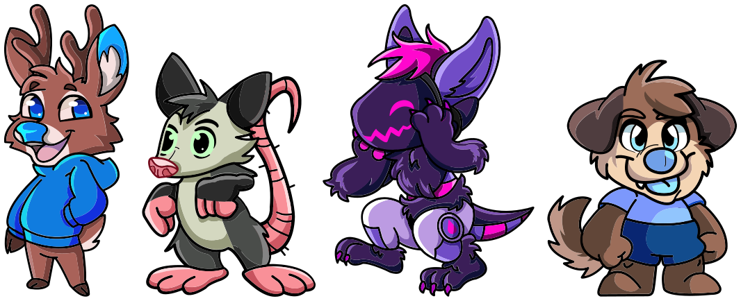 various chibi furries deer, possum, fox, dog