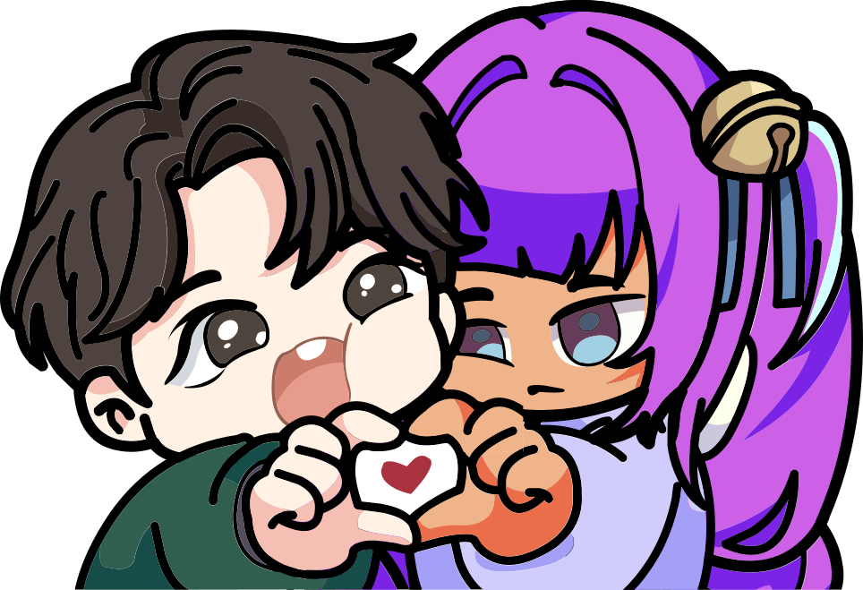 green shirt boy and purble hair girl chibi coule making hand heart