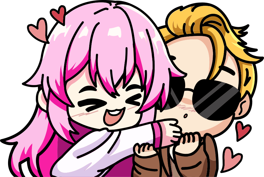 pink hair girl and sunglasses boy chibi couple hugging