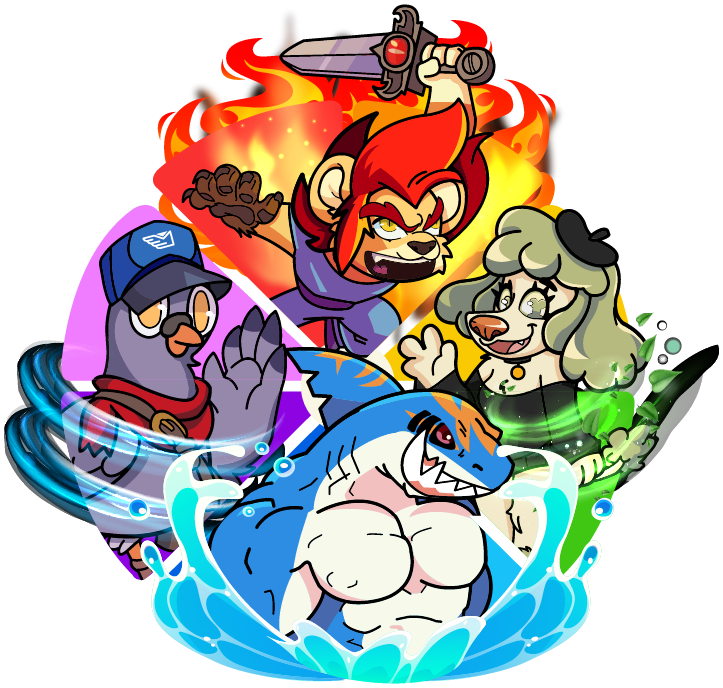 elemental furries strong water shark artist earth dog warrior fire lion mailman air bird