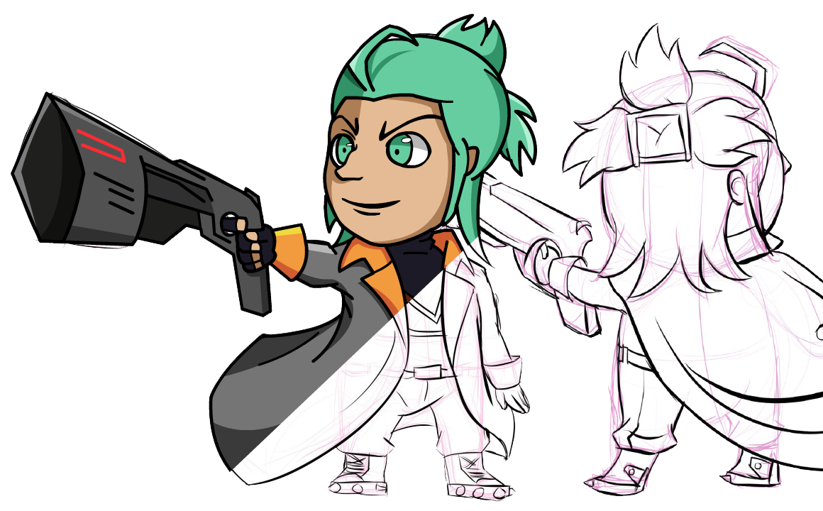 green hair boy gunner chibi sketch