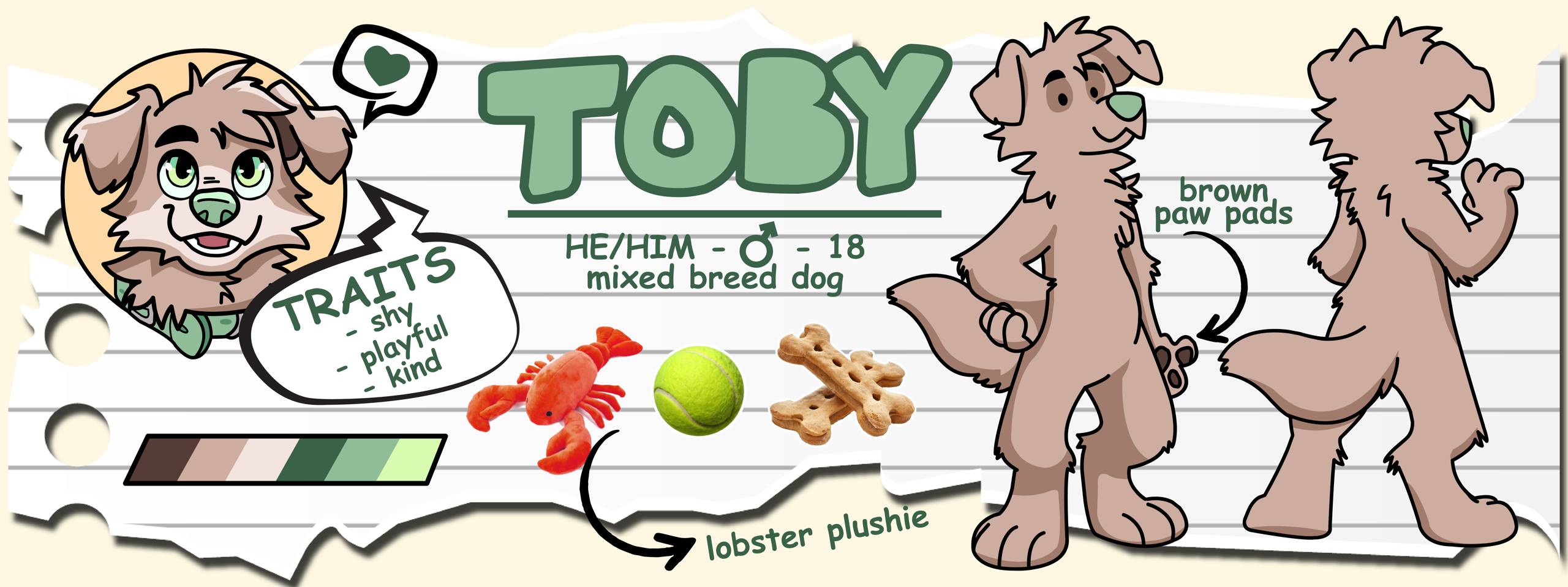 toby character sheet male 18 years old mixed breed dog traits: shy, playful, kind loves: lobster plushie, tennis ball, dog treats
